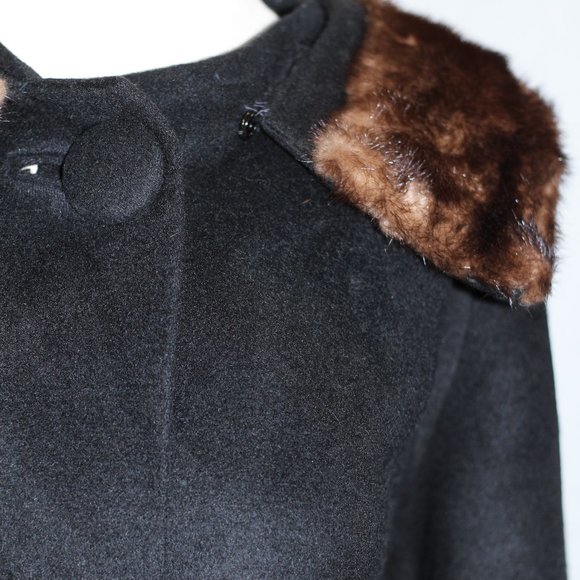 Fur Collar Black Wool Trench Coat - Picture 3 of 15